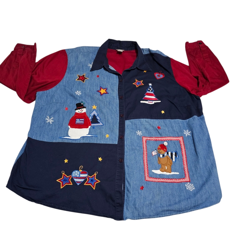 Fashion Bug Patchwork Americana Christmas Shirt Cotton Blue / Red Size 30/32 W